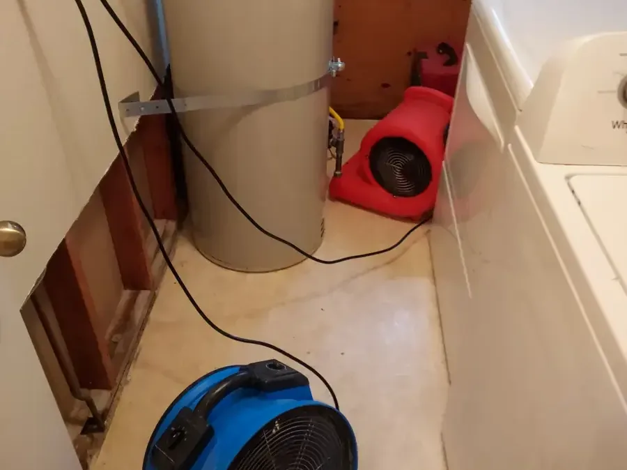 Portable blowers beside a water heater and utility sink