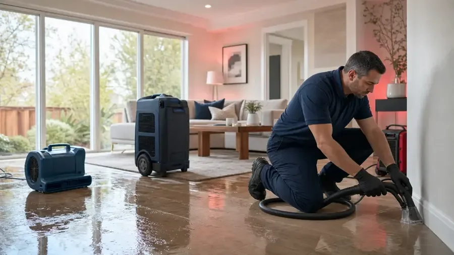 Technician extracting water beside drying equipment in a living room