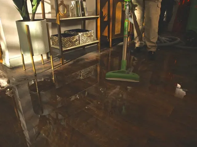Standing water across the floor beneath tables and chairs